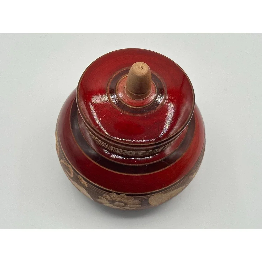 Vintage Mexican Hand Carved Red Wooden Round Trinket Box Cabo San Lucas